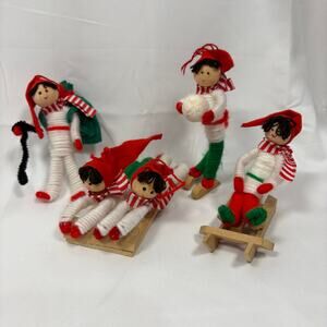 Vintage MCM Yarn Wrapped Set Of 4 Skier Snow Play Sled Ornaments People - 1979